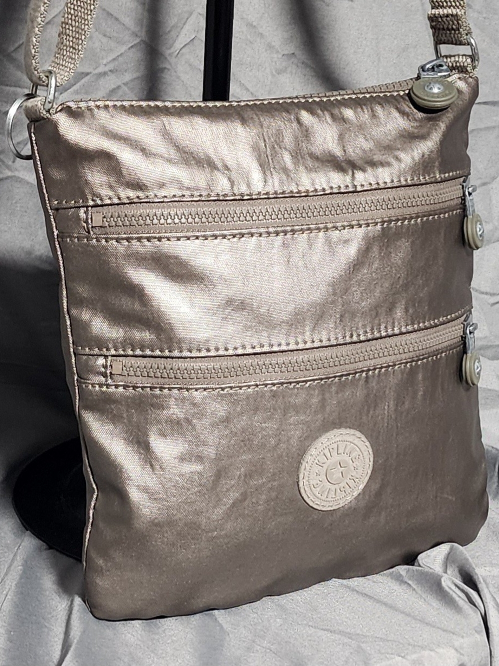 Kipling Keiko Metallic Pewter Crossbody Bag Purse W/ Adjustable Straps